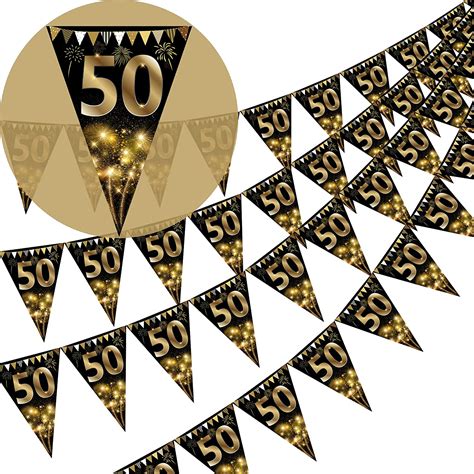 40pcs Happy 50th Birthday Banner Bunting Flags Gold And Black Glitter