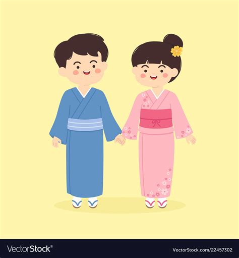Cute Japanese Kimono Couple Cartoon Royalty Free Vector
