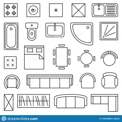 Vector Set Of Outline Isolated Interior Design Floor Plan Objects Icons