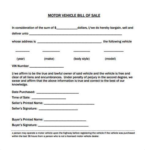 Free Sample Vehicle Bill Of Sale Templates In Pdf Ms Word