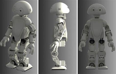 Three Different Views Of A Robot Standing Next To Each Other
