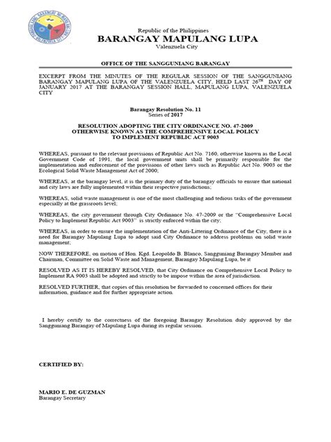 Barangay Resolution Adopting City Ordinance 2017 Pdf Government