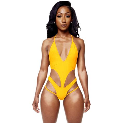 Cfanny 2016 Women Swimwear Yellow Sexy Plunge V Neck Cross Back Bandage Monokini Sexy One Piece