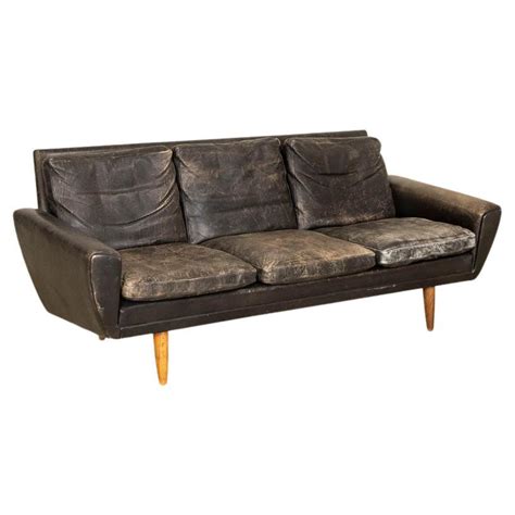 Danish Mid Century Modern Black Leather Sofa At 1stdibs