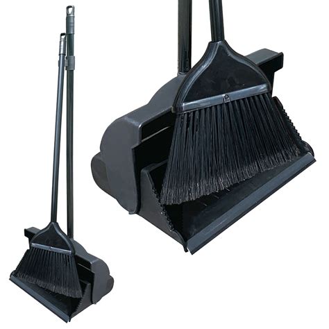 Long Handled Black Dustpan And Brush Set With Strong Metal Handle The