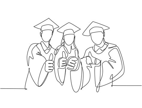 One Line Drawing Of Young Happy Graduate College Students Wearing