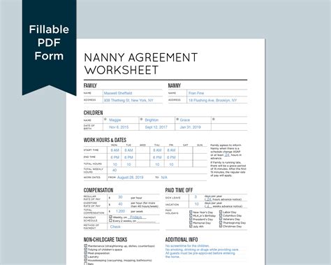 Nanny Agreement Worksheet Nanny Contract Worksheet Fillable Etsy Australia