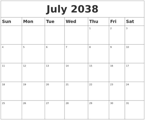 August 2038 Blank Calendar Template