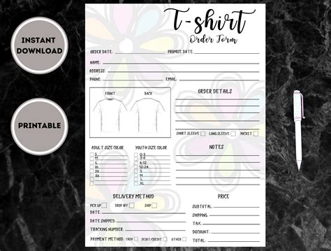 Tshirt Order Form Template Printable Custom Shirt Order Form Etsy