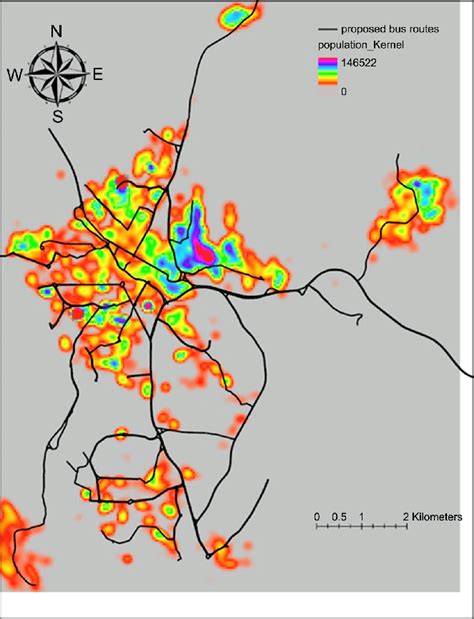 Map Of The 10 Th Proposed Bus Network And Kernel Population Density Of