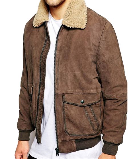 Mens Bomber Brown Leather Jacket With Sherpa Fur Collar Jackets Creator