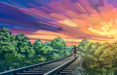 Download Sunset Railroad Anime Hd Wallpaper By Liwei191