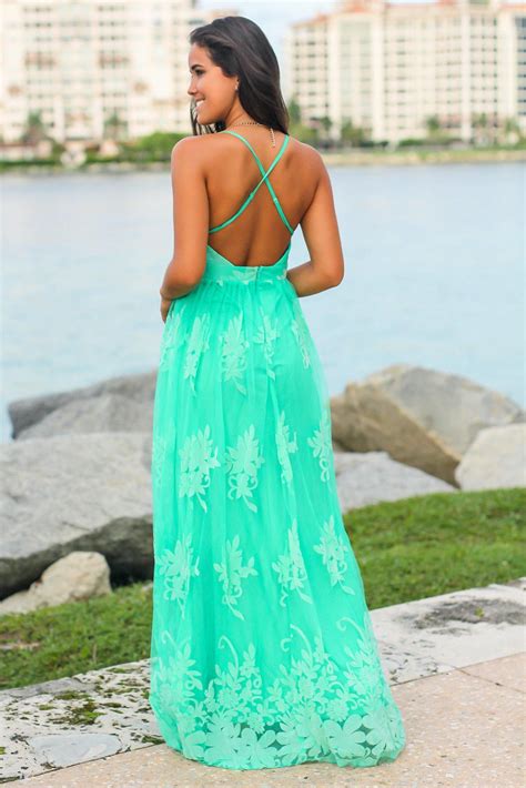 Turquoise Floral Tulle Maxi Dress With Criss Cross Back Tulle Maxi