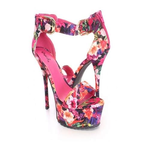 Fuchsia Multi Floral Platform High Heels Fabric Heels Platform High Heels High Heels