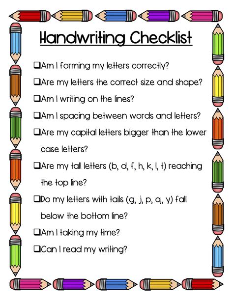 Handwriting Checklist Handwriting Writing Assignments Checklist