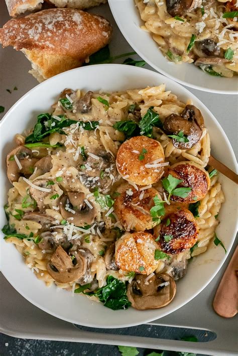 Creamy Parmesan Mushroom Orzo With Garlic Butter Scallops With Peanut