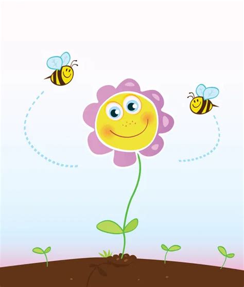 cute yellow honey bee with group of flowers — stock vector © beeandglow 5106519