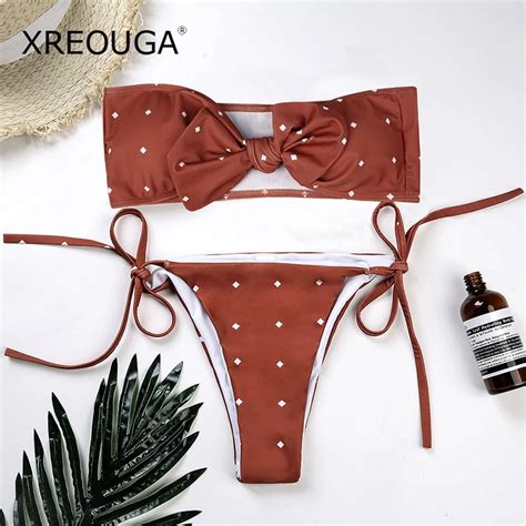xreouga white dot bowknot bandeau bikini set iron red cute swimwear women sexy side tie bikinis