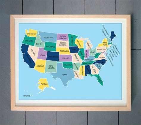 Us States Wall Art Print Travel Map Usa Map States Dorm Etsy World