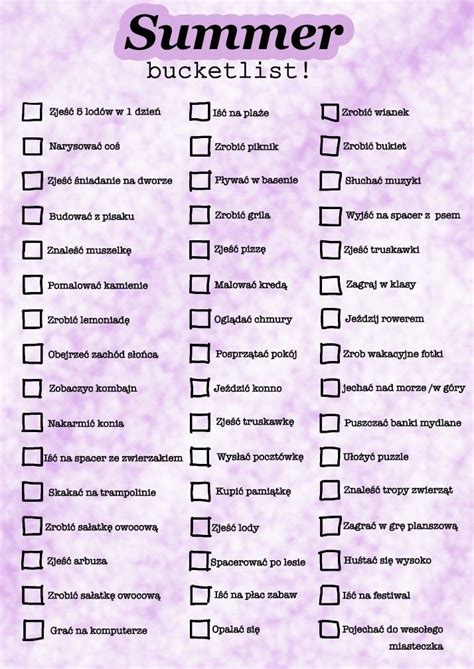 A Purple And White Checklist With The Words Summer Bucket List Written