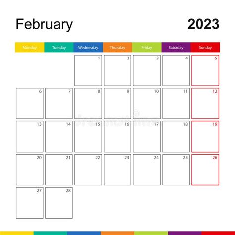 February 2023 Colorful Wall Calendar Week Starts On Monday Stock