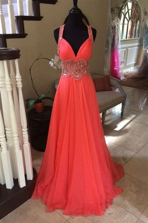 stunning sweetheart long coral chiffon beaded prom dress with straps coral prom dress prom