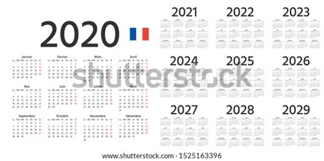French Calendar 2021 2022 2023 2024 2025 2026 2020 Years Vector Images