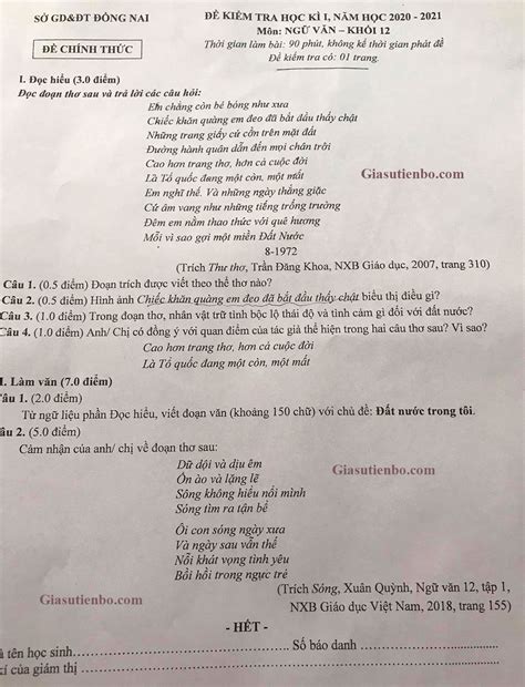 Năm nay, cấu trúc đề thi vẫn được giữ nguyên so với các kỳ thi thpt quốc gia các năm trước, cả về thời gian lẫn hình thức làm bài thi. Đề thi HK1 Ngữ Văn 12 tỉnh Đồng Nai 2020-2021
