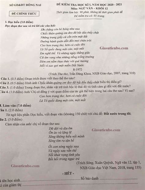 Ngữ văn, toán và ngoại ngữ. Đề thi HK1 Ngữ Văn 12 tỉnh Đồng Nai 2020-2021