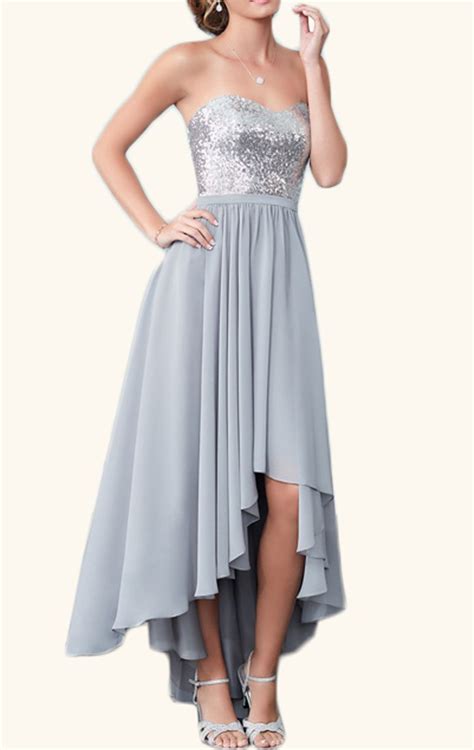 Elegant Strapless High Low Sequin Chiffon Cocktail Dress Silver Wedding Party Formal Gown