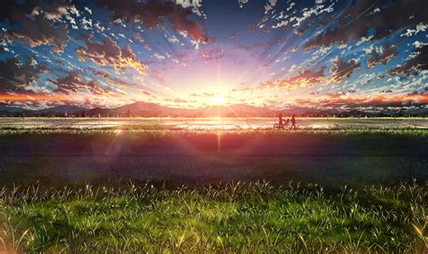 Wallpaper Sunlight Landscape Sunset Anime Girls Nature Reflection Grass Sky Artwork