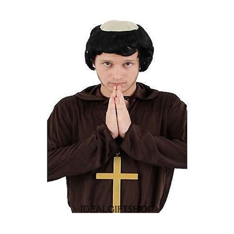 Adults Monk Wig And Cross Kit Medieval Priest Fancy Dress Religious Friar