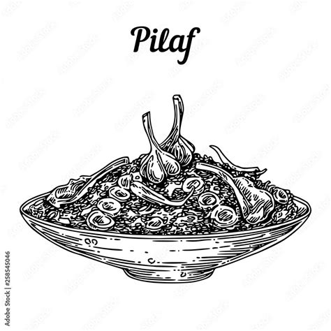 Large Dish With Pilaf Sketch Engraving Style Vector Illustration