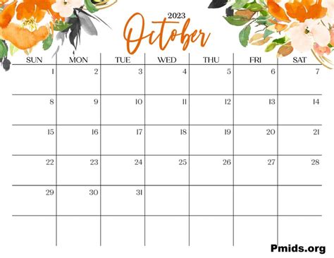 Floral October 2023 Cute Calendar Wallpaper For Desk Home Office