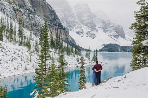 Moraine Lake In October Engagement Photography With Blue Ice And Snow