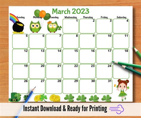 Editable March 2023 Calendar Happy St Patricks Day Etsy