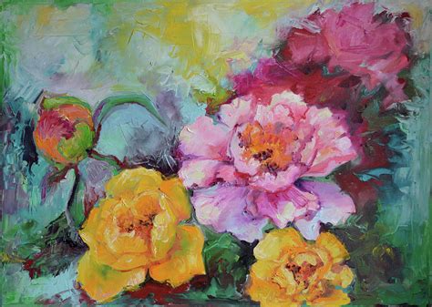 Flowers Original Yellow Rose And Pink Peony Oil Painting Painting By