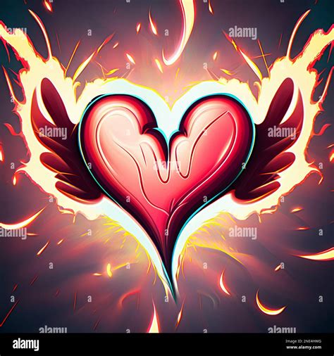 Flaming Heart With Wings Stock Photo Alamy
