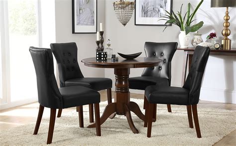 Kingston Round Dark Wood Dining Table With 4 Bewley Black Leather