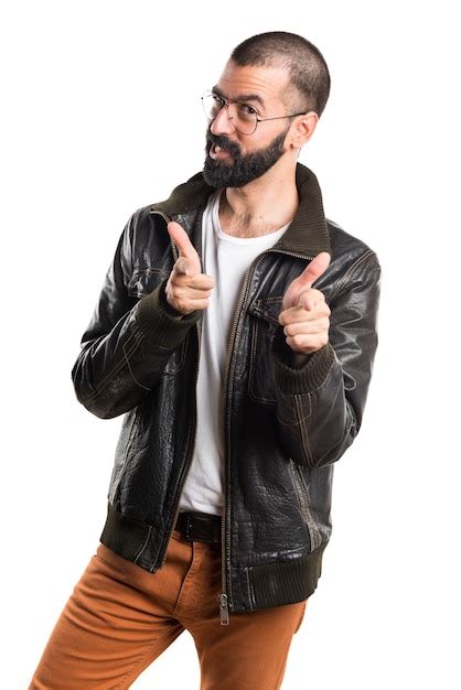 Free Photo Man Wearing A Leather Jacket Pointing To The Front
