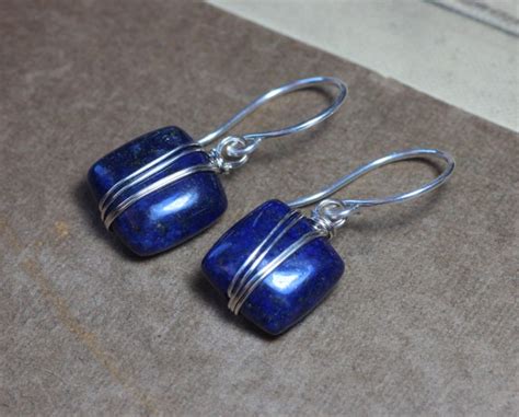 Lapis Earrings Silver Wire Wrapped Blue Gemstone Earrings