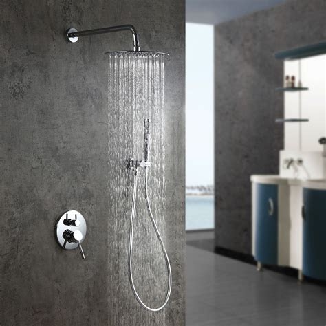 Modern Polished Chrome Wall Mounted Rain Shower System With Round Rainfall Shower Head Handheld