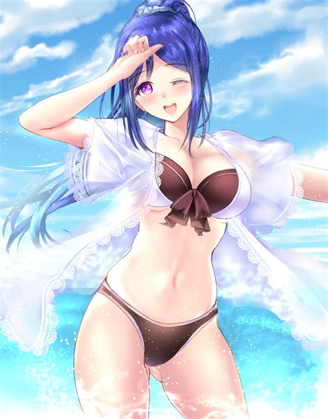 Hình Nền Bikini Đồ Bơi Anime Cô Gái Tóc Xanh Bụng Tóc Dài 1406x1800 Jabbabudah