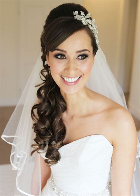 Best Side Curls Bridal Hairstyles With Tiara And Lace Veil