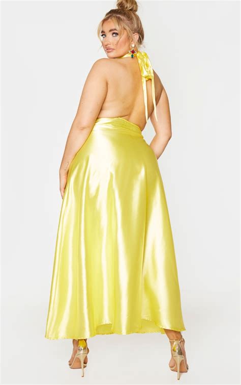 Plus Bright Yellow Satin Halerneck Maxi Dress Prettylittlething