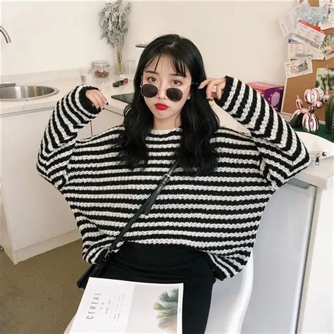 Womens Sweaters Lady Kawaii Ulzzang Casual Black And White Striped Sweater Female Korean