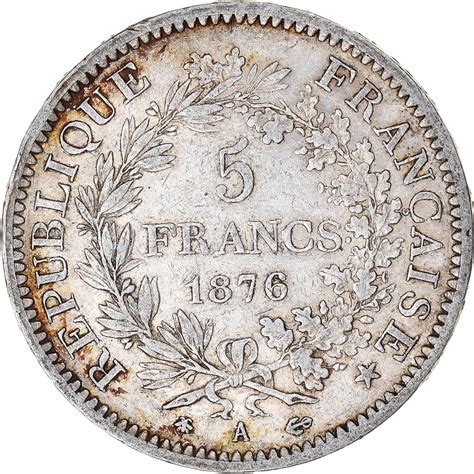 Coin France Hercule 5 Francs 1876 Paris Silver Km8201