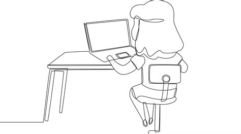 Simple Continuous Line Drawing Little Girl Sitting And Studying On