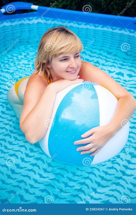 Woman With Beach Ball In Swimming Pool Stock Image Image Of Caucasian