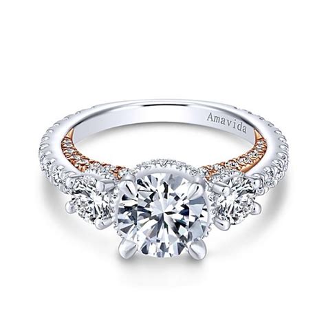 18k Whiterose Gold Round 3 Stones Halo Diamond Engagement Ring Three